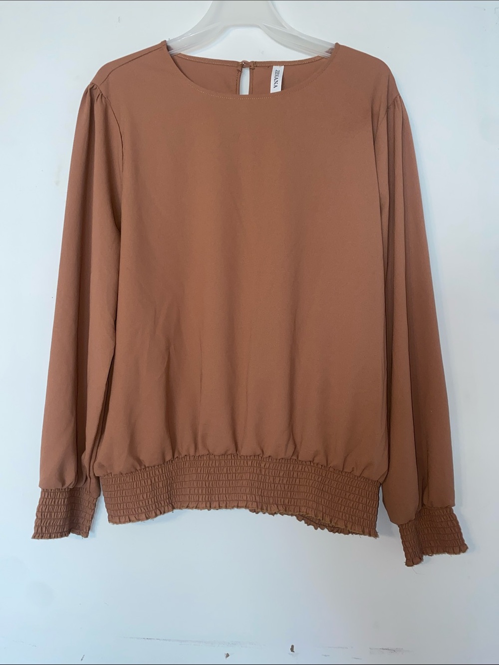 Zenana Outfitters Long Sleeve Smocked-Hem Top in Camel Brown